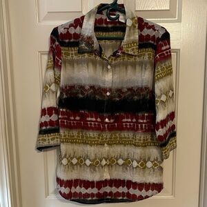 Kim Rogers Red and Olive Button Down Shirt